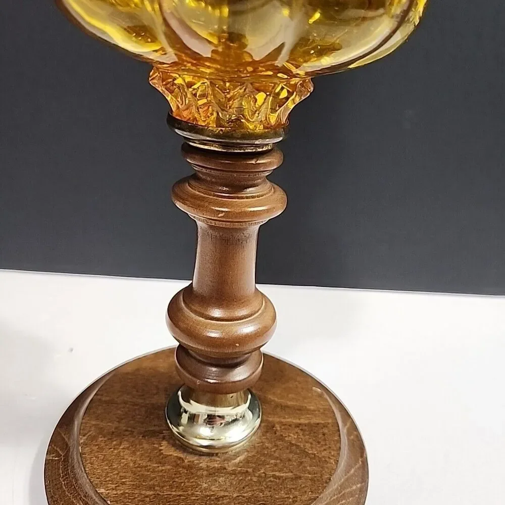 VTG Accent Table Lamp Amber Convex Bubble Glass, Wooden Base, Wood & Brass 12.5